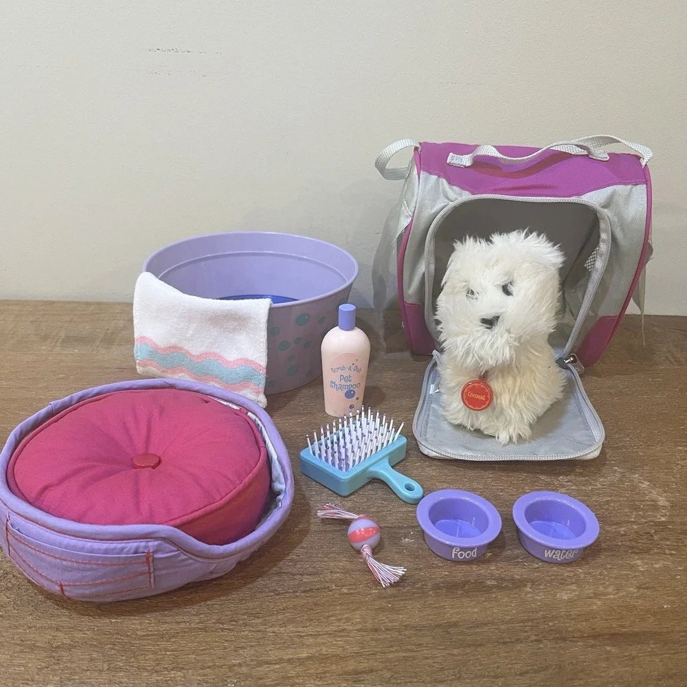 American Girl Doll Coconut Dog Pet Set Carrier Tub Bed Bowls Accessories Retired